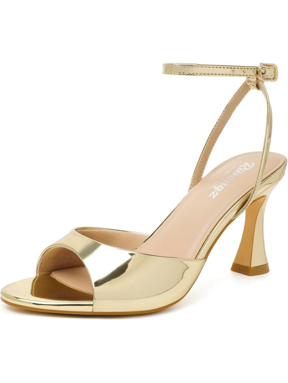 Women's Gold Patent Open Toe Kitten Chunky Block Heel Ankle Strap Buckle Sandals